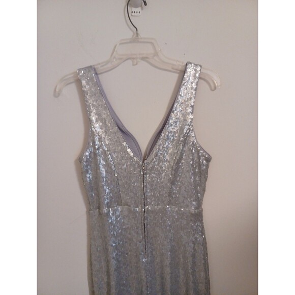 Venus Sequined Long Evening Ball Gown M Silver Gray V Neck Sleeveless Zip Slit - Picture 5 of 10